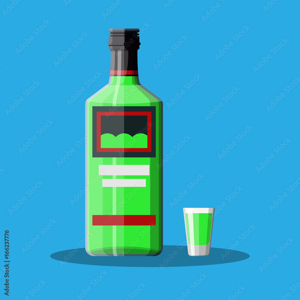 Bottle of absinthe with shot glass. Bottle of absinthe with shot glass.