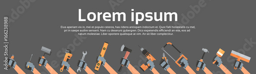 Hands Holding Tools Repair And Construction Working Equipment Over Copy Space Flat Vector Illustration