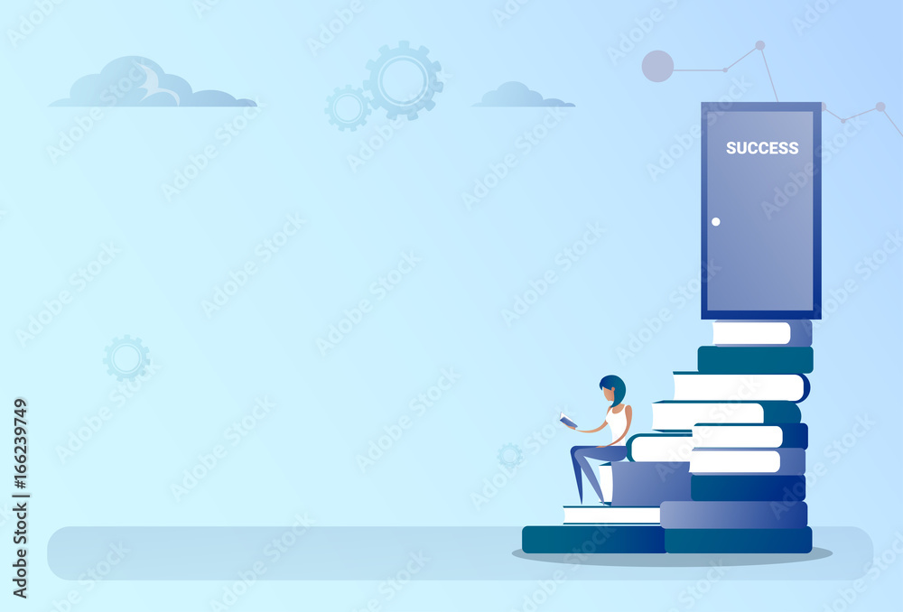 Obraz premium Business Man Sit Books Stack Stairs To Success Door Growth Concept Flat Vector Illustration