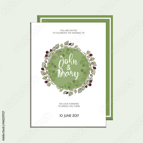Vector invitation with leaves and berries of raspberries . Modern Wedding collection. Thank you card, save the date cards, menu, banner template.