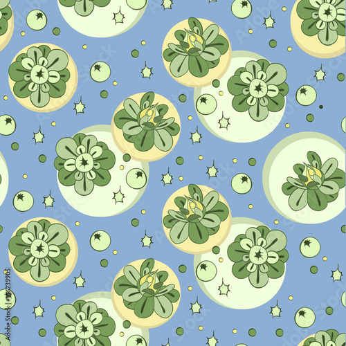 Vector pattern with green stylized flowers and berries. Seamless floral print, nature background