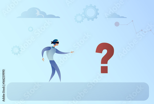 Business Man Blind Walking To Question Mark Crisis Risk Concept Flat Vector Illustration