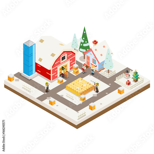 Winter Village Agriculture Farm Rural House Building season christmas Isometric 3d Lowpoly Icon Real Estate Garden Symbol Meadow Background Flat Design Vector Illustration
