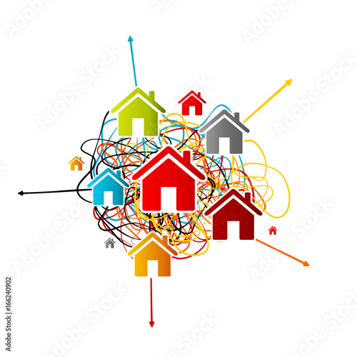 Real estate prediction, house market analysis concept with colorful avatar icons over tangled lines with arrows pointing different directions