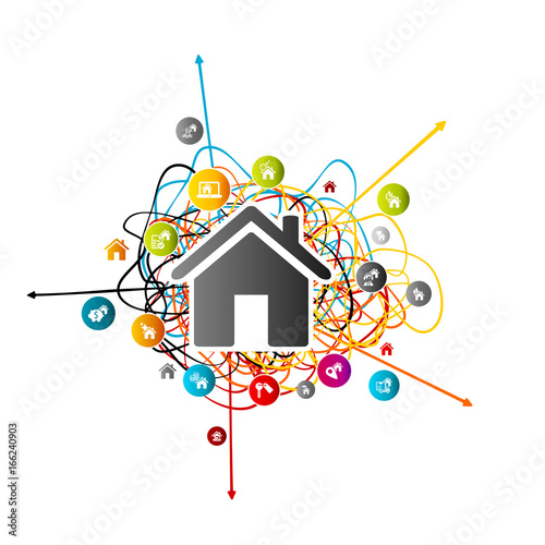 Real estate analysis, house market prediction concept with colorful avatar icons over tangled lines with arrows pointing different directions