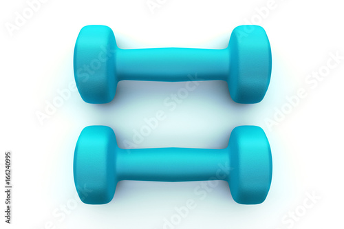 Two of dumbbells blue top wiew on white background. 3D illustration.