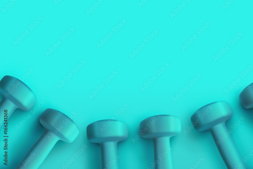 Fitness dumbbells blue top wiew on sports cover. 3D illustration. Fitness dumbbells blue top wiew on sports cover. 3D illustration.