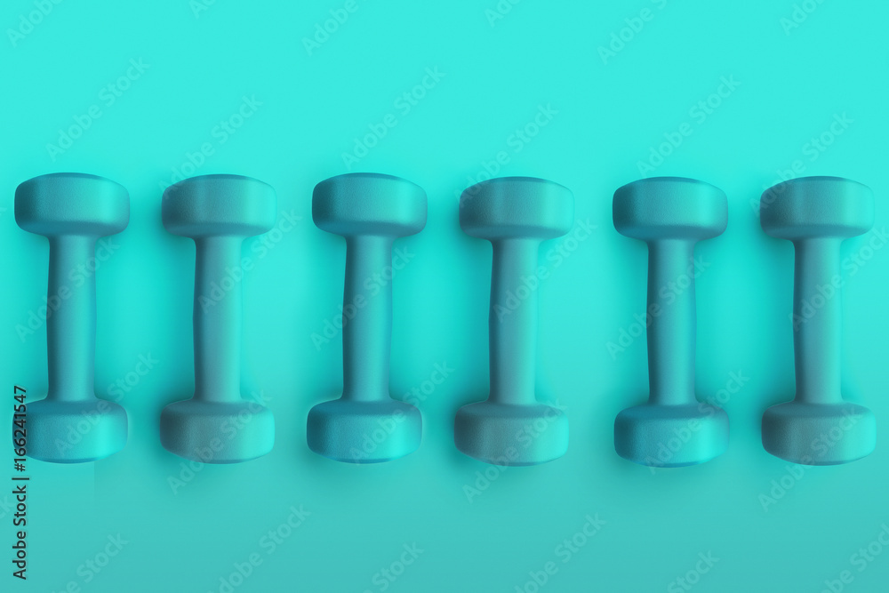 Fitness dumbbells blue top wiew on sports cover. 3D illustration. Fitness dumbbells blue top wiew on sports cover. 3D illustration.