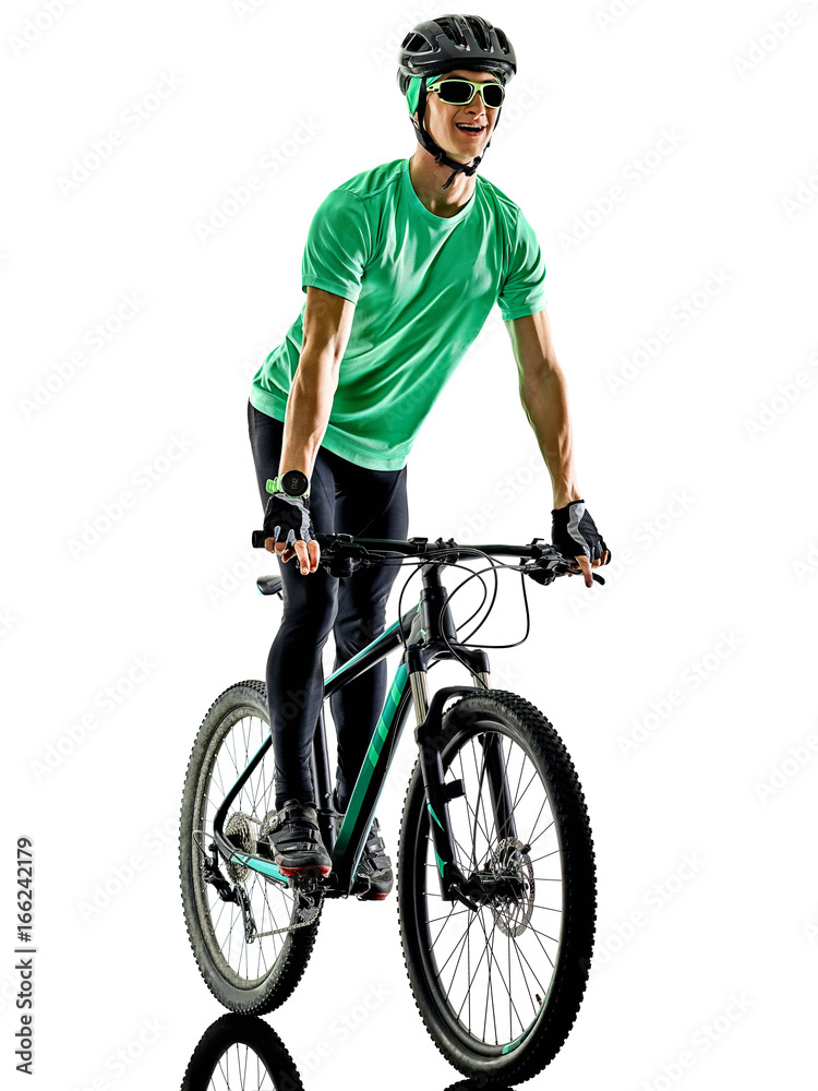 one caucasian man practicing man mountain bike bking isolated on white background with shadows one caucasian man practicing man mountain bike bking isolated on white background with shadows