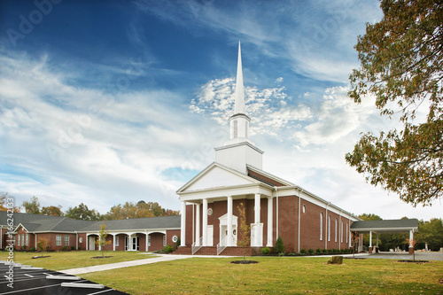 Fotobehang White and Brown Baptist Church Exterior with White Steeple tower, religion, God,