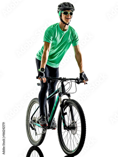 one caucasian man practicing man mountain bike bking isolated on white background with shadows