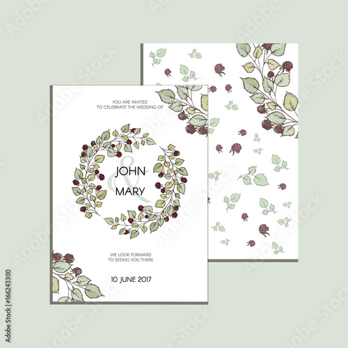 Vector invitation with leaves and berries of raspberries . Modern Wedding collection. Thank you card, save the date cards, menu, banner template.