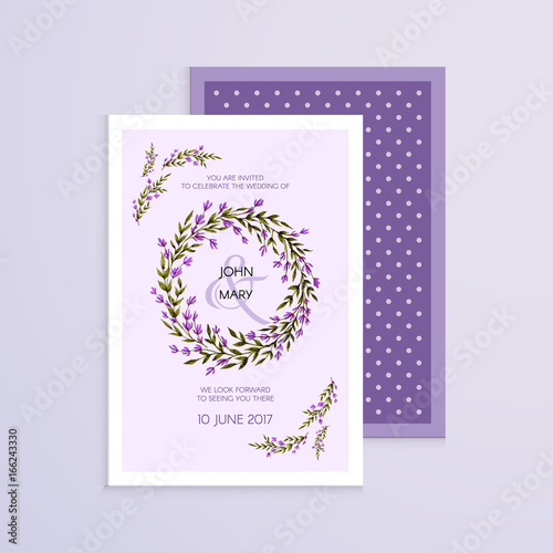 Vector invitation with handmade lavender flowers. Modern Wedding collection. Thank you card, save the date cards, menu, flyer, banner template.