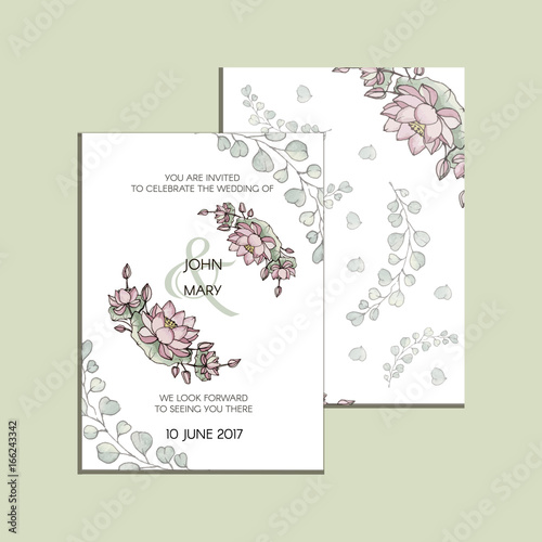 Vector invitation with flowers of lotus . Modern Wedding collection. Thank you card, save the date cards, menu, banner template.