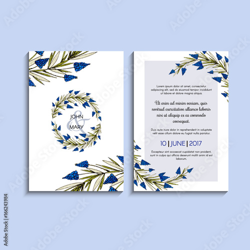 Vector invitation with handmade floral elements. Modern Wedding collection. Thank you card, save the date cards, menu, flyer, banner template.