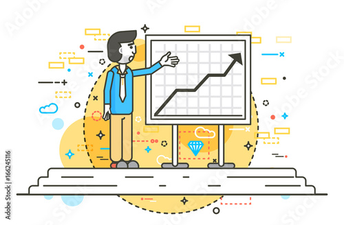 Vector orator spokesman spokesperson speaker points to a flip chart businessman politician speech speaking stage audience business presentation line art style front view white background
