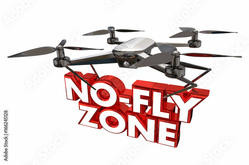 Εκτύπωση καμβά No-Fly Zone Restricted Airspce Drone Flying Carrying Words 3d Illustration