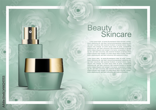 Beauty cosmetic ads, night cream and serum with shining light on green flowers background