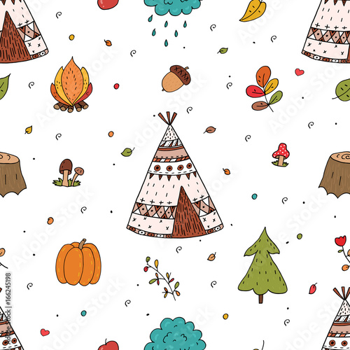 Hand drawn Cute seamless pattern with tee pee wigwam, North American Indian teepee.