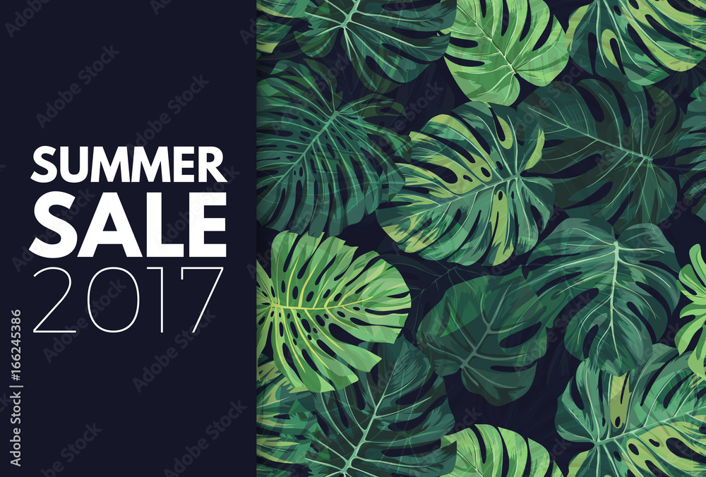 Green summer tropical flyer or banner design with exotic palm leaves and plants. Vector floral background. - obrazy, fototapety, plakaty 