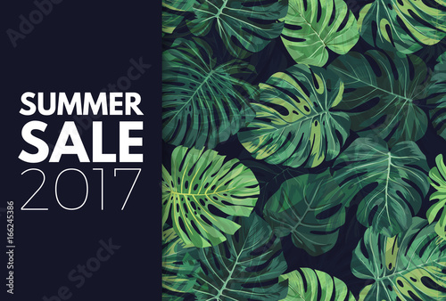 Green summer tropical flyer or banner design with exotic palm leaves and plants. Vector floral background.