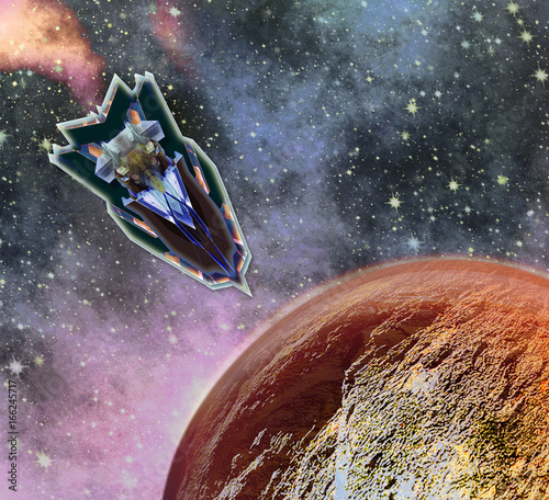 Fototapeta Naklejka Na Ścianę i Meble -  Space shuttle landing on an unknown planet. Spaceship approaching the surface red hot planet. 3d illustration