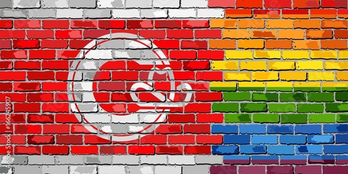 Brick Wall Calgary and Gay flags - Illustration,
Rainbow flag on brick textured background, 
Abstract grunge Calgary Flag and LGBT flag