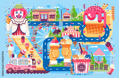 Vector illustration business selling different kinds ice cream sale of food with machine, meal on wheels clown amusement park sweets vanilla chocolate fruit filling cafe near road in flat style