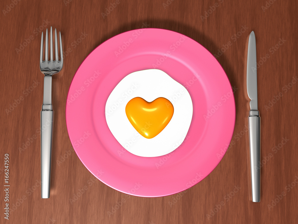 3d date dinner with one yellow heart egg and knife and fork. Valentine 3D Illustration Design Series. 3d date dinner with one yellow heart egg and knife and fork. Valentine 3D Illustration Design Series.