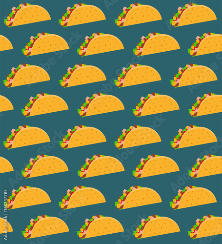 Mexican fast food seamless pattern with taco on aquamarine background. Nice spanish fastfood texture for textile, wallpaper, background, cover, banner, bar and cafe menu design