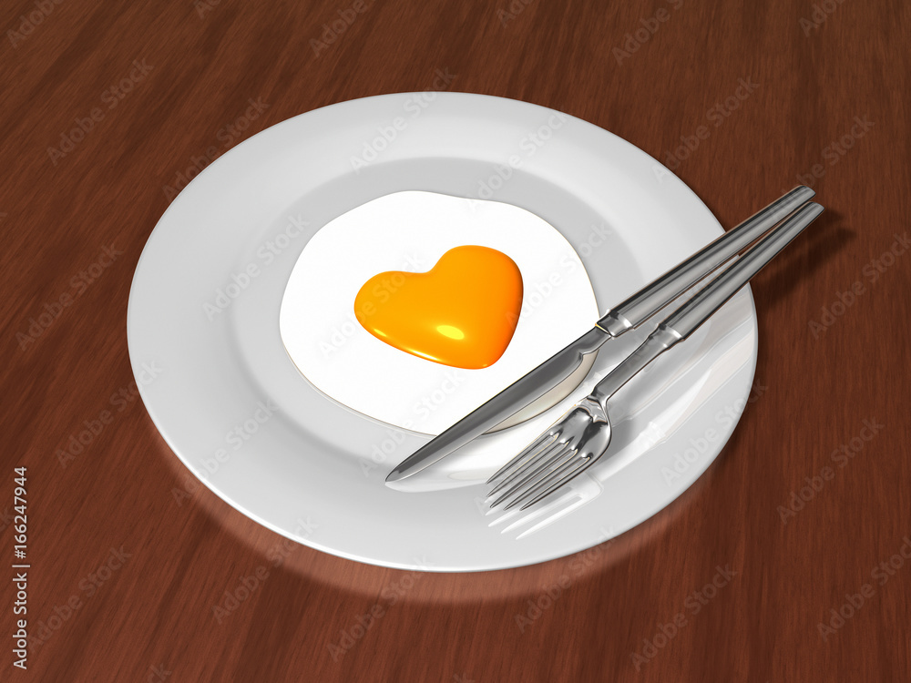 3d date dinner with one yellow heart egg and knife and fork. Valentine 3D Illustration Design Series. 3d date dinner with one yellow heart egg and knife and fork. Valentine 3D Illustration Design Series.