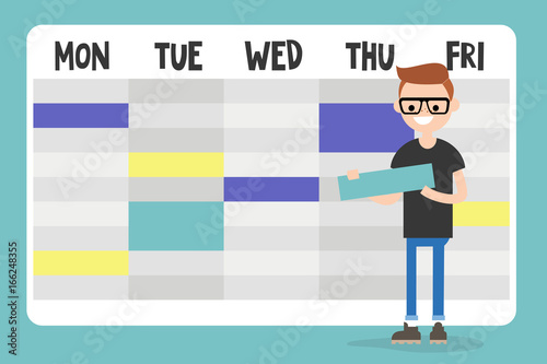 Personal assistant. Young character planning a schedule / flat editable vector illustration, clip art