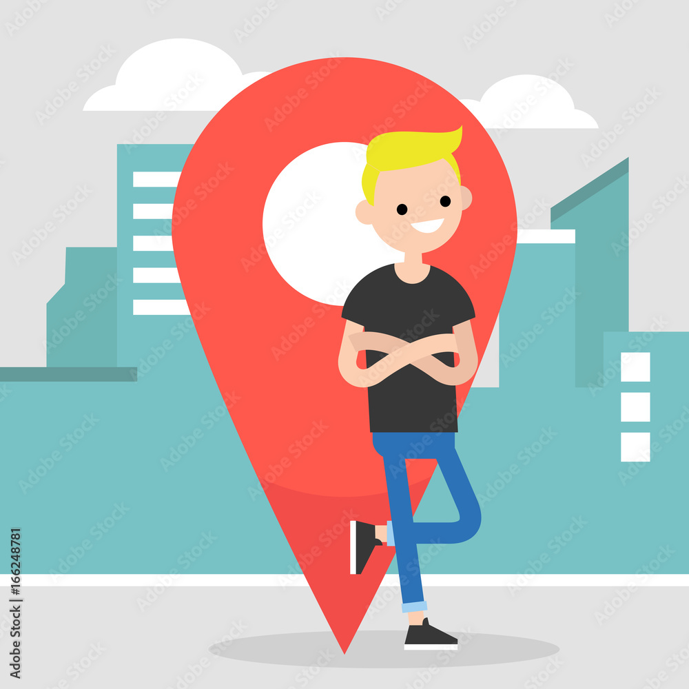 Location pin. Navigating in the city. Young character leaning on the red location pin sign / flat editable vector illustration, clip art Location pin. Navigating in the city. Young character leaning on the red location pin sign / flat editable vector illustration, clip art