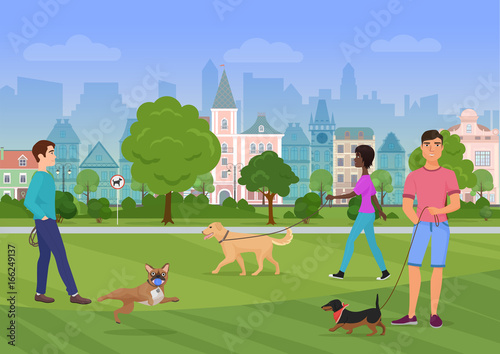 Vector illustration of the people walking with dogs in the city park. People dog lovers, dogshops.