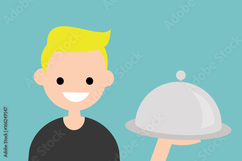 Portrait of a young character holding a dish covered with a cloche / flat editable vector illustration, clip art