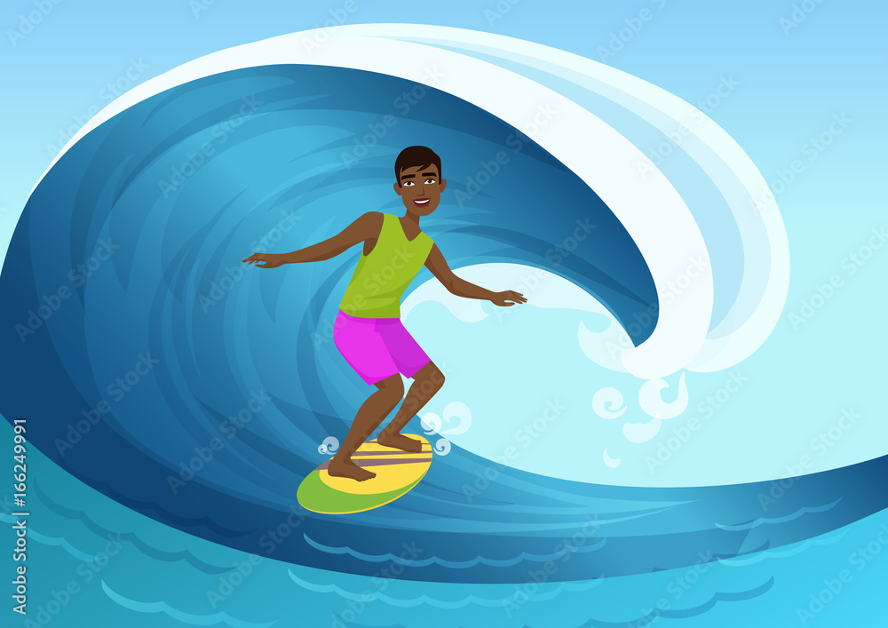 Vector illustration of black cheerful man riding surfboard in ocean waves.