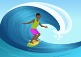 Vector illustration of black cheerful man riding surfboard in ocean waves.