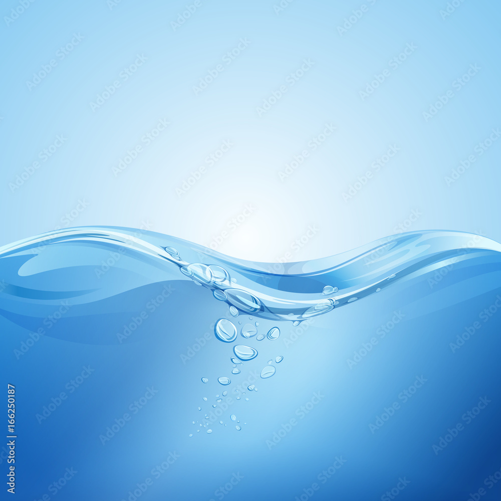 Vector illustration of realistic blue wavy water with air bubbles background