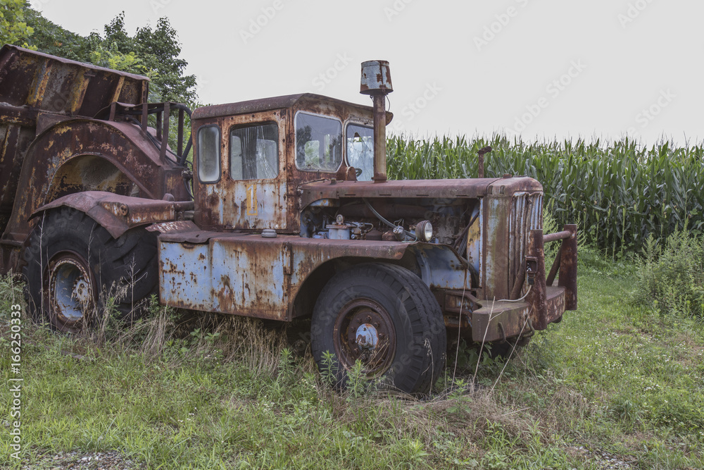 Obraz premium Cab of rusting farm truck in field