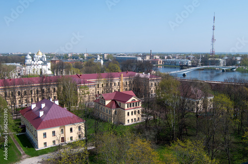 View of the Kremlin: St. Sophia Cathedral, the building of government Offices and the Volkhov river and the city itself from the Kokuy tower, Veliky Novgorod, Russian Federation photo