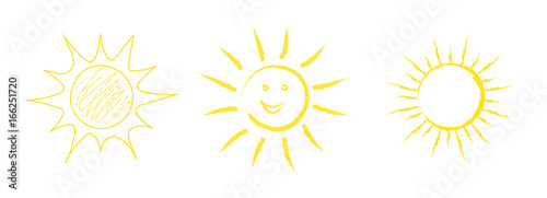 Collection of hand drawn sun icons. Vector.
