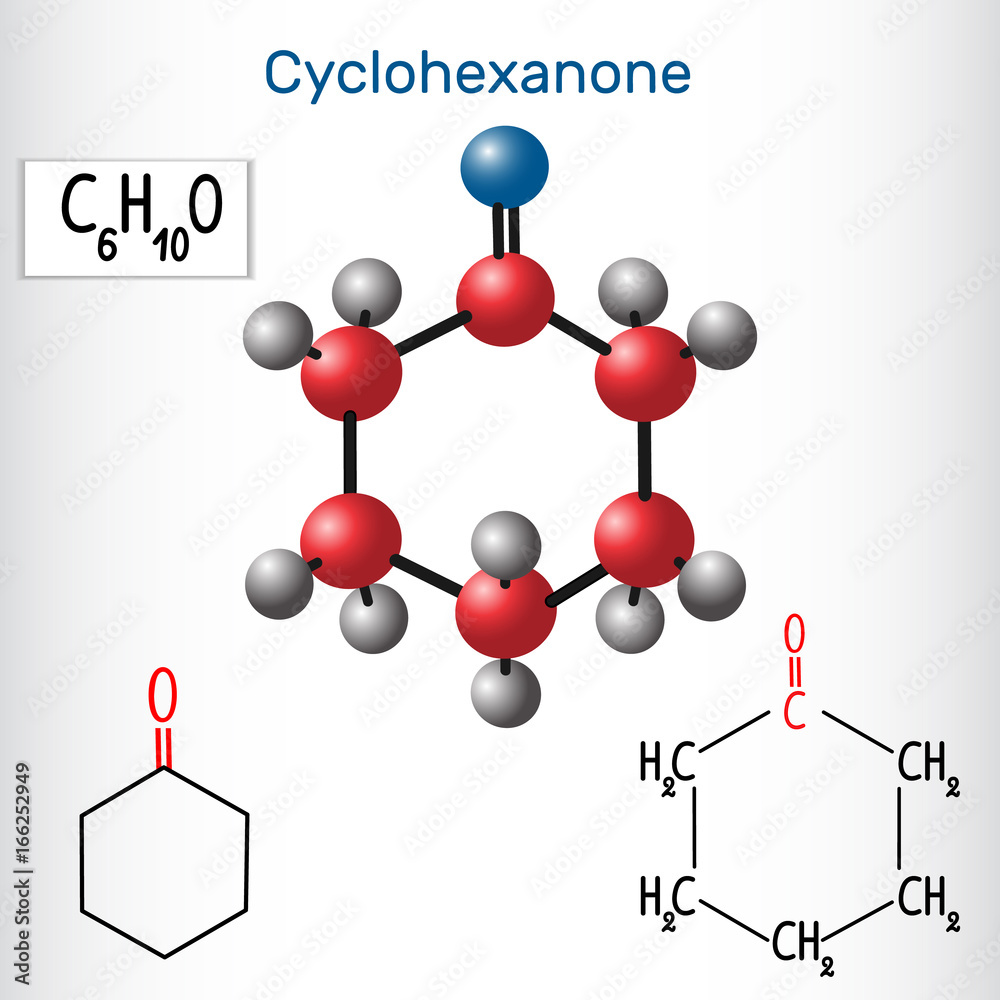 Cyclohexanone molecule - structural chemical formula and model Stock ...