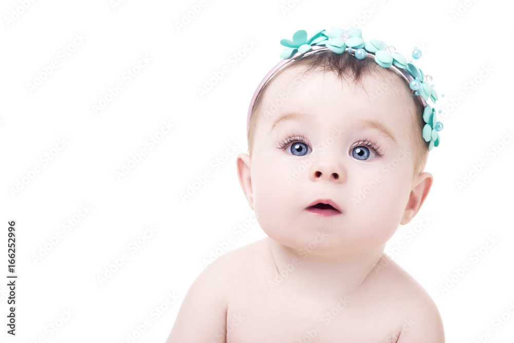portrait of cute baby girl with flowers headband on her head, on white background portrait of cute baby girl with flowers headband on her head, on white background