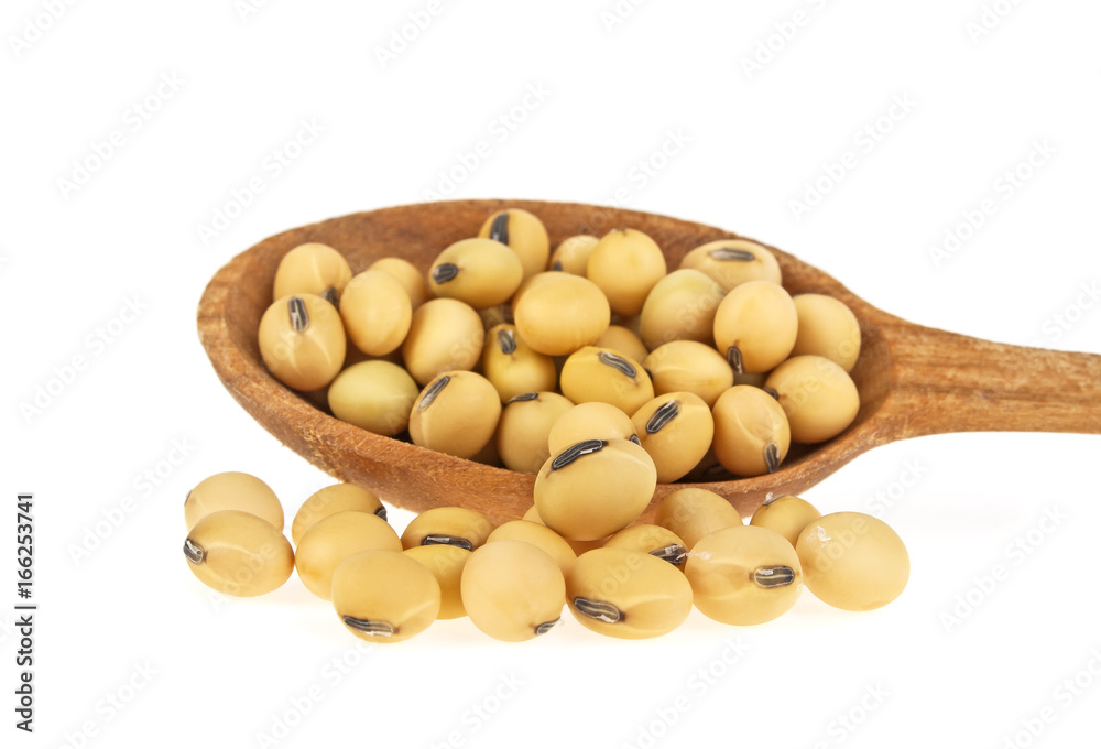 Soybeans in wooden spoon isolated on white background Soybeans in wooden spoon isolated on white background