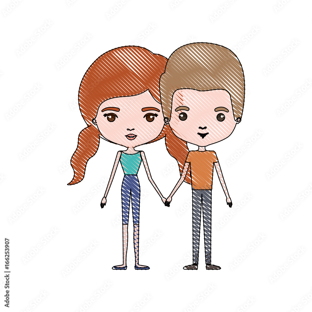 crayon colored silhouette of slim couple standing caricature and both with pants and her with red hair with pigtails