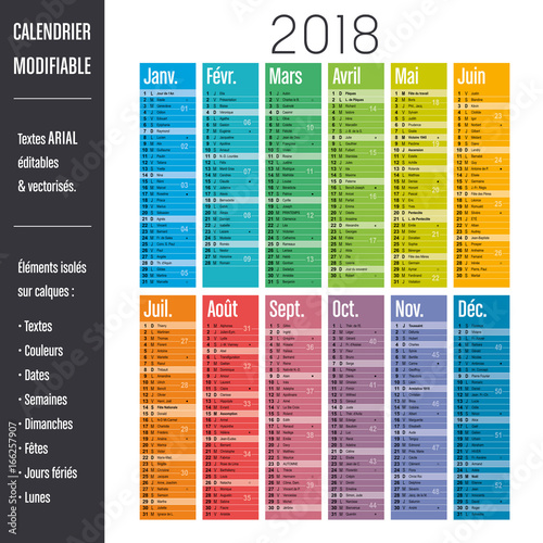 Calendrier 2018 modifiable (éléments isolés sur calques, textes en ARIAL éditables et vectorisés)