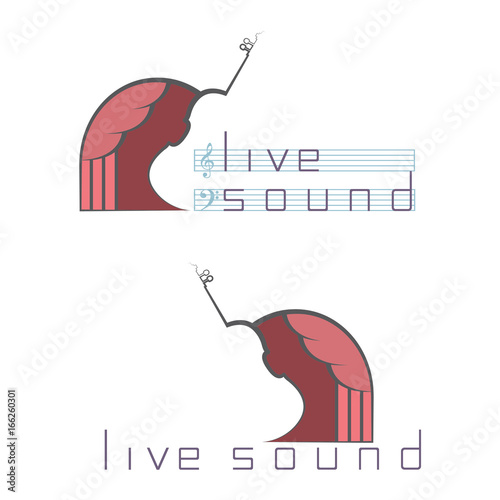 An illustration consisting of two images in the form of a theatrical curtain with a cello and the inscription "live sound"
