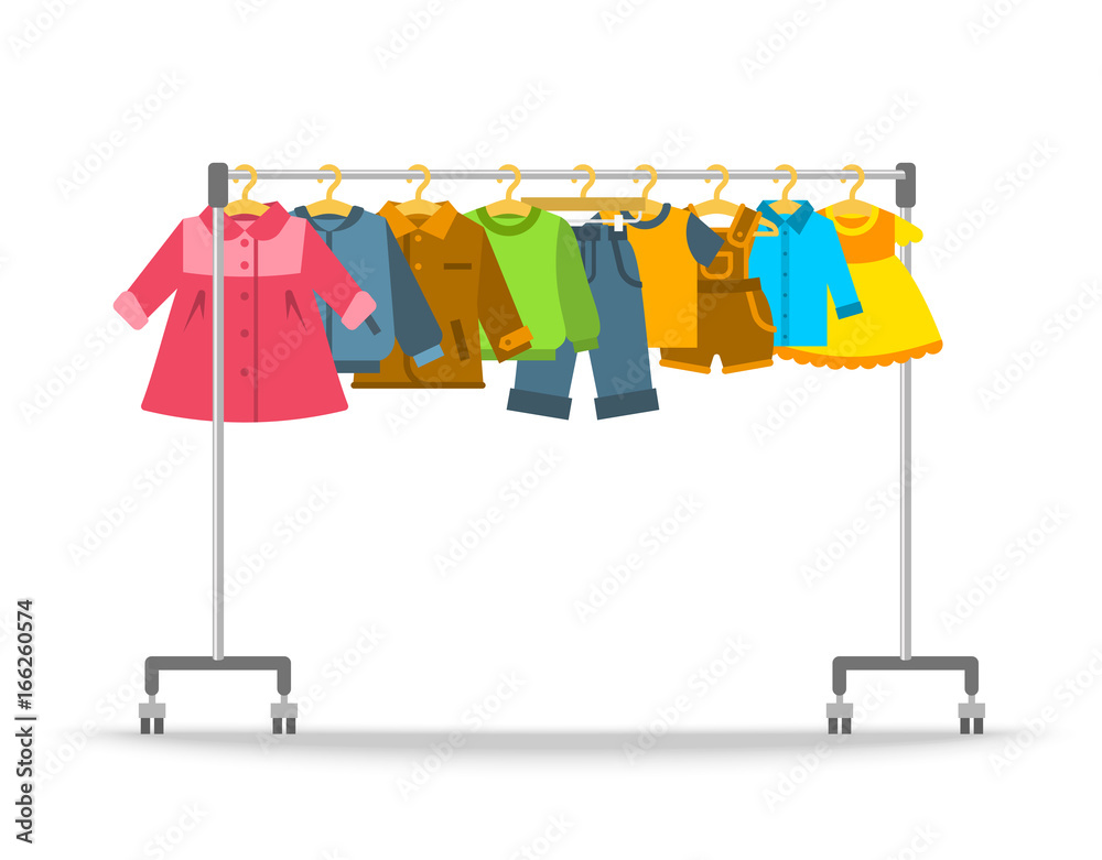 Kids clothes on hanger rack. Flat style vector illustration. Casual little  kids apparel hanging on shop rolling display stand. Boys and girls outfit  fashion collection. Children store sale concept Stock Vector