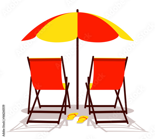 beach umbrella and deck chairs