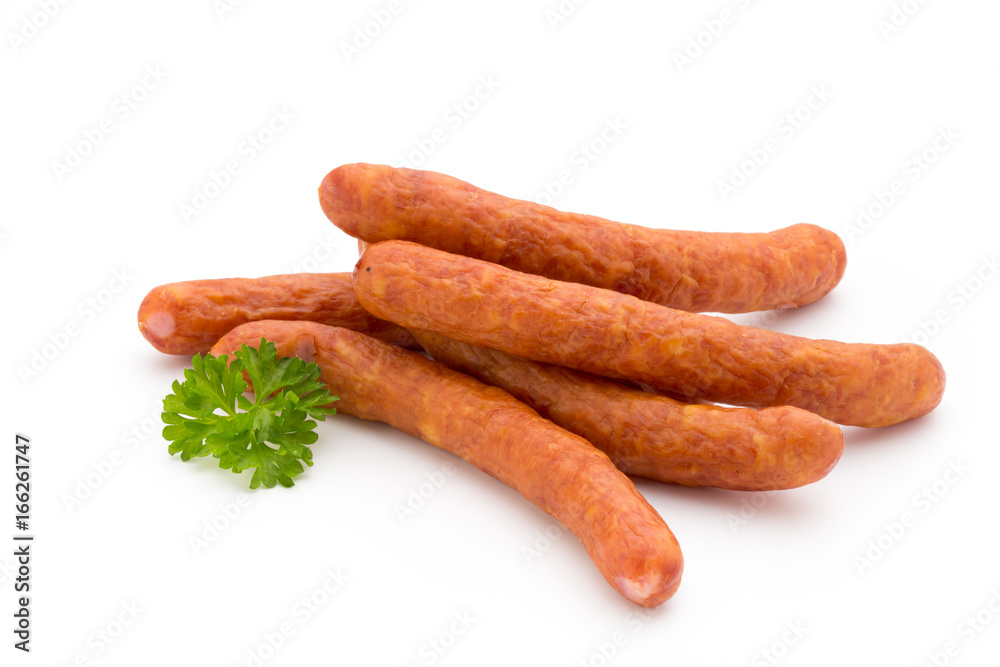 Stack of smoked sausages isolated on a white background. Stack of smoked sausages isolated on a white background.